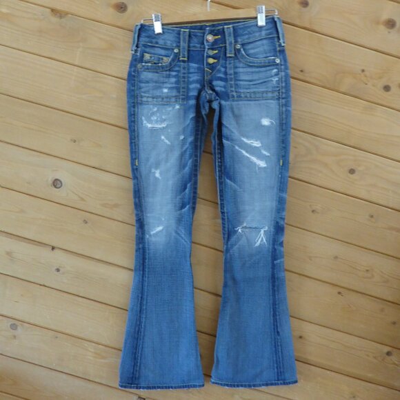 True Religion Blue Flare Boot Cut Low Rise Button Fly Low Distressed Jeans 25 - Picture 1 of 12